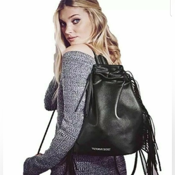 Victoria's Secret Handbags - Victoria's Secret Black Faux Leather Fringe Hobo Women's Backpack